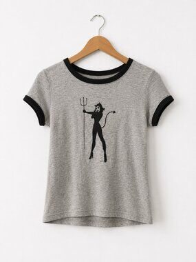 John Galt Gray Graphic Ringer Cotton Tee Devil Baby Tee Fitted XS/S